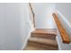 Carpeted stairs with hardwood railings and white trim, leading to the upper level at 11011 Southwalk Ln, Raleigh, NC 27614