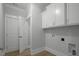 Neat laundry room with storage cabinets, white doors, and connections for washer and dryer at 163 S Harper Faith Way, Benson, NC 27504