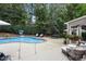 Backyard with pool, dining, lounge area and surrounding foliage provides a secluded retreat at 3530 Thorndike Dr, Wake Forest, NC 27587