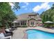 Inviting backyard with a sparkling pool, patio with dining and seating areas, and lush landscaping at 3530 Thorndike Dr, Wake Forest, NC 27587