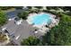Aerial view of the community pool area with clubhouse, seating, umbrellas, and parking at 3705 Andoversford Ct, Wake Forest, NC 27587
