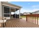 Wooden deck leads to a screened porch and backyard, creating an inviting outdoor entertainment area at 43 Summerseat Way, Bunnlevel, NC 28323