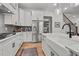 Modern kitchen features stainless steel appliances, gray backsplash, white cabinetry, and large farmhouse sink at 494 Terry Rd, Hillsborough, NC 27278