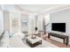 Cozy living room with hardwood floors, white sofa, and a large television at 6020 Jones Farm Rd, Wake Forest, NC 27587