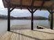 Scenic dock view overlooking the lake with a wooden dock and covered pavilion at 70 Valebrook Ct, Youngsville, NC 27596