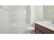 A full bathroom featuring a shower-tub combo, with a dark vanity and white countertop at 9512 Wood River Dr, Zebulon, NC 27597