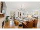 Spacious living room with a stone fireplace, hardwood floors, and ample seating at 125 Dartmoor Ln, Raleigh, NC 27614