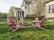 Inviting backyard featuring a stone fire pit and pink Adirondack chairs for outdoor relaxation at 1625 Heritage Garden St, Wake Forest, NC 27587