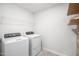 Functional laundry room with modern washer, dryer, and shelving for storage and convenience at 196 River Bank Rd, Fuquay Varina, NC 27526