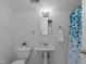Clean bathroom featuring a pedestal sink, toilet, and shower with a patterned curtain at 2629 Sweetgum Dr, Apex, NC 27539