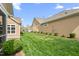 Grassy backyard between beige houses, featuring manicured shrubs and landscaping at 667 Ashley Woods Dr, Gibsonville, NC 27249
