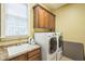 Bright laundry room with sink, modern washer and dryer, and ample storage cabinets at 1404 Rhea Dr, Garner, NC 27529