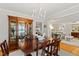 Elegant dining room featuring a chandelier, wood table, and seamless flow to living room at 508 Currituck Dr, Raleigh, NC 27609