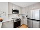 Kitchen features stainless appliances, and quartz countertops with gray cabinets and modern backsplash at 510 Glenwood Ave # 602, Raleigh, NC 27603