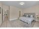 This comfortable bedroom includes a large bed and view to the hallway entrance and closets at 8325 Wycombe Ln, Raleigh, NC 27615