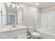 Crisp, all-white bathroom featuring a modern vanity, a matching toilet, and a shower-tub combination at 9744 Bear Run Ln, Middlesex, NC 27557