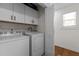 Functional laundry room with white washer and dryer, storage cabinets, and natural light at 2207 Otis St # B, Durham, NC 27707