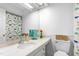 Bathroom with dinosaur print curtain, large mirror, and white toilet and vanity at 2319 Somers Ave, Burlington, NC 27215