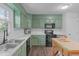 Bright kitchen featuring green cabinets, white countertops, black appliances, and wood breakfast island at 2808 Newquay St, Durham, NC 27705