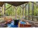 An inviting covered porch with a fire pit and chairs, offering a great spot for relaxation with backyard views at 4121 Enfield Ridge Dr, Cary, NC 27519