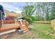 Backyard features a wood deck with stairs, a spacious lawn, and privacy fence at 829 Colleton Rd, Raleigh, NC 27610