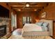 Comfortable bedroom featuring wood walls, a stone fireplace, and access to an outdoor space at 932 Gynnis Creek Dr, Moncure, NC 27559
