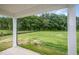A covered patio provides a view of the lush backyard and mature trees at 105 Tuskeegee Dr, Smithfield, NC 27577