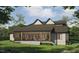 Render of a two story home, back patio, exterior fireplace, and covered outdoor dining space at 1116 Kimberly Dr, Raleigh, NC 27609
