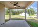 Covered back patio with ceiling fan, offering a serene view of the expansive backyard at 18 Bonnybrook Ct, Selma, NC 27576