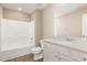 Bathroom featuring a tub/shower combo and vanity with granite countertop at 212 Tuscany Cir, Princeton, NC 27569
