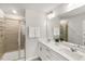 Bright bathroom featuring shower and double sink vanity at 309 Millennium Dr, Pittsboro, NC 27312