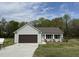 Newly constructed single-story home with brown two-car garage and gray siding at 91 Harvest Hills Ln, Dunn, NC 28334