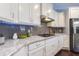 Modern kitchen features white cabinets, gray backsplash, stainless appliances and granite countertops at 1005 Vesper Ct, Durham, NC 27703