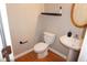 Stylish half bath with modern fixtures, pedestal sink, and decorative shelf at 108 W Savannah Ridge Rd, Holly Springs, NC 27540