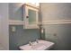Charming bathroom with blue wallpaper, antique mirror and glass shelf at 1208 College Pl, Raleigh, NC 27605