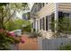 Charming brick patio with seating area, surrounded by white picket fencing and blooming greenery at 1208 College Pl, Raleigh, NC 27605