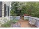 Secluded brick patio with outdoor seating, surrounded by white fencing and lush landscaping with blooming trees at 1208 College Pl, Raleigh, NC 27605