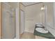 Bathroom featuring a walk-in shower and double sink vanity with green countertop at 162 E Abbey Ct, Smithfield, NC 27577