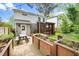 A backyard with wooden garden boxes, brick patio, and a screened in porch area with seating offers outdoor relaxation at 200 Lincoln Ct, Raleigh, NC 27610