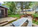 Backyard with wooden patio and garden boxes, connected deck, and picnic table offers a relaxed outdoor space at 200 Lincoln Ct, Raleigh, NC 27610