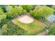 An aerial view of a well-maintained baseball field surrounded by green trees and a fenced perimeter in a beautiful park at 200 Lincoln Ct, Raleigh, NC 27610