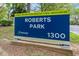 Roberts Park sign in Raleigh for parks, recreation, and cultural resources at 200 Lincoln Ct, Raleigh, NC 27610