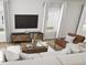 Cozy living room featuring contemporary furniture, large windows, and modern entertainment center at 817 Central Pk Dr, Raleigh, NC 27604