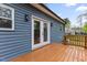 Spacious wooden deck looks out to the backyard through glass doors at 508 N Charles St, Mebane, NC 27302