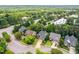Aerial view showcasing neighborhood homes, lush trees, and a nearby street at 109 Yorkchester Way, Raleigh, NC 27615