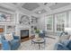 Bright living room featuring a cozy fireplace, built-in shelves, and coffered ceiling at 1104 Hobson Ct, Raleigh, NC 27607