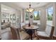 Cozy breakfast nook with round table and natural light from multiple windows overlooking the lush greenery at 1108 Cadence Ln, Durham, NC 27703