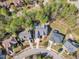 Extensive aerial view of the neighborhood with lush greenery, mature trees, and backyard pool at 116 Palermo Ct, Apex, NC 27539