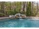 Close up of pool featuring the natural rock waterfall detail and sparkling blue water at 116 Palermo Ct, Apex, NC 27539