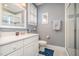 Cozy bathroom with a shower, a vanity and a window with blinds at 119 Faison Rd, Chapel Hill, NC 27517